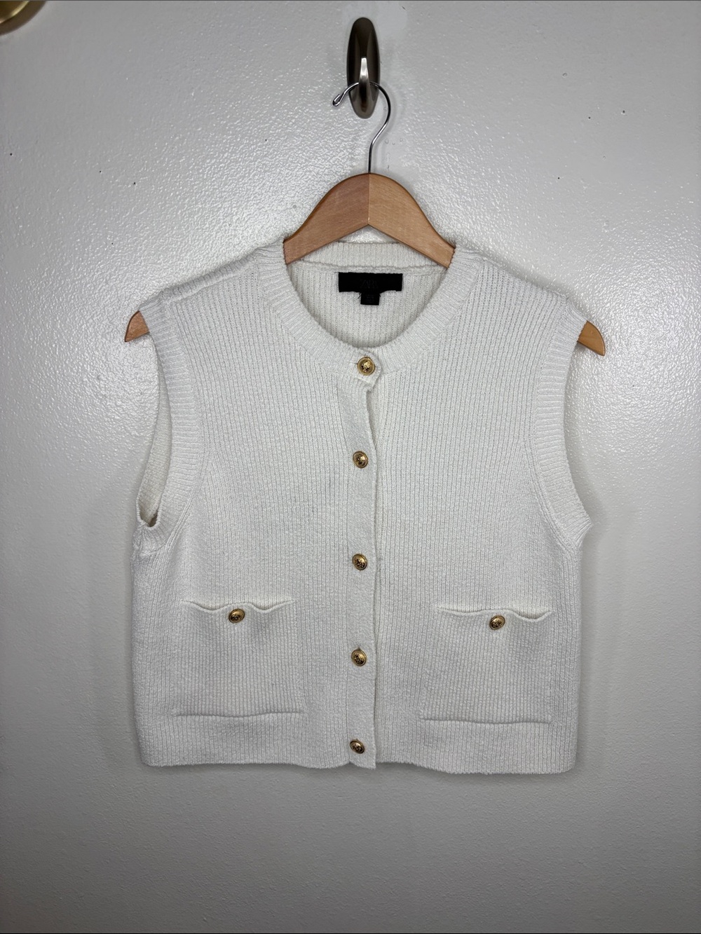 Zara White Knit Gold Button Up Sleeveless Vest Women Size L